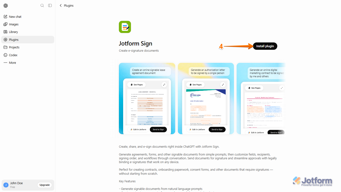 ChatGPT Jotform Sign plugin page with the Install Plugin button visible in the upper-right corner, ready to install the plugin