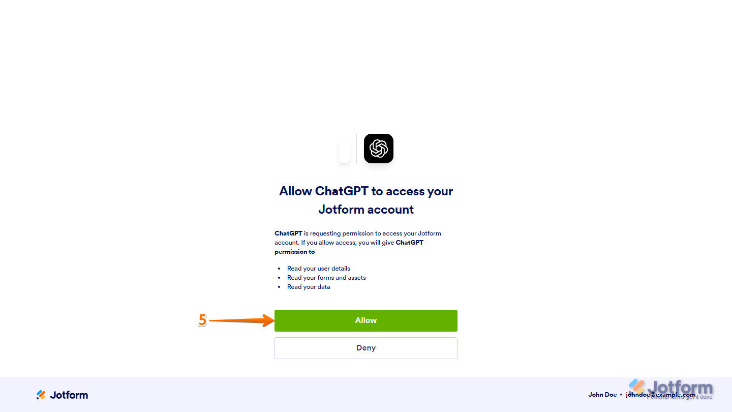 Jotform Authorization page displaying the requested permissions and the Allow button for granting access to the Jotform Sign plugin