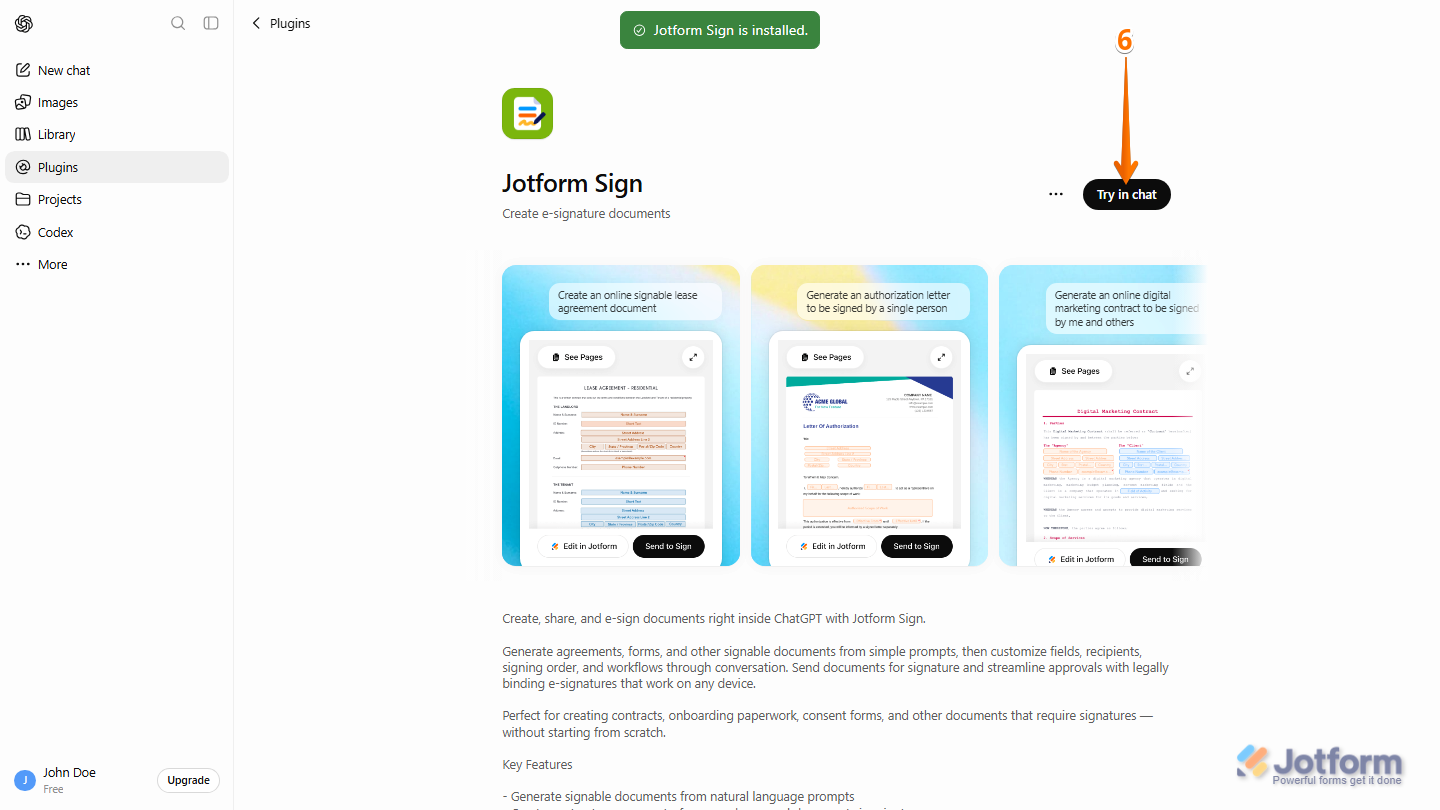 ChatGPT Jotform Sign plugin page with the Try in Chat button visible on the right side after the plugin has been installed