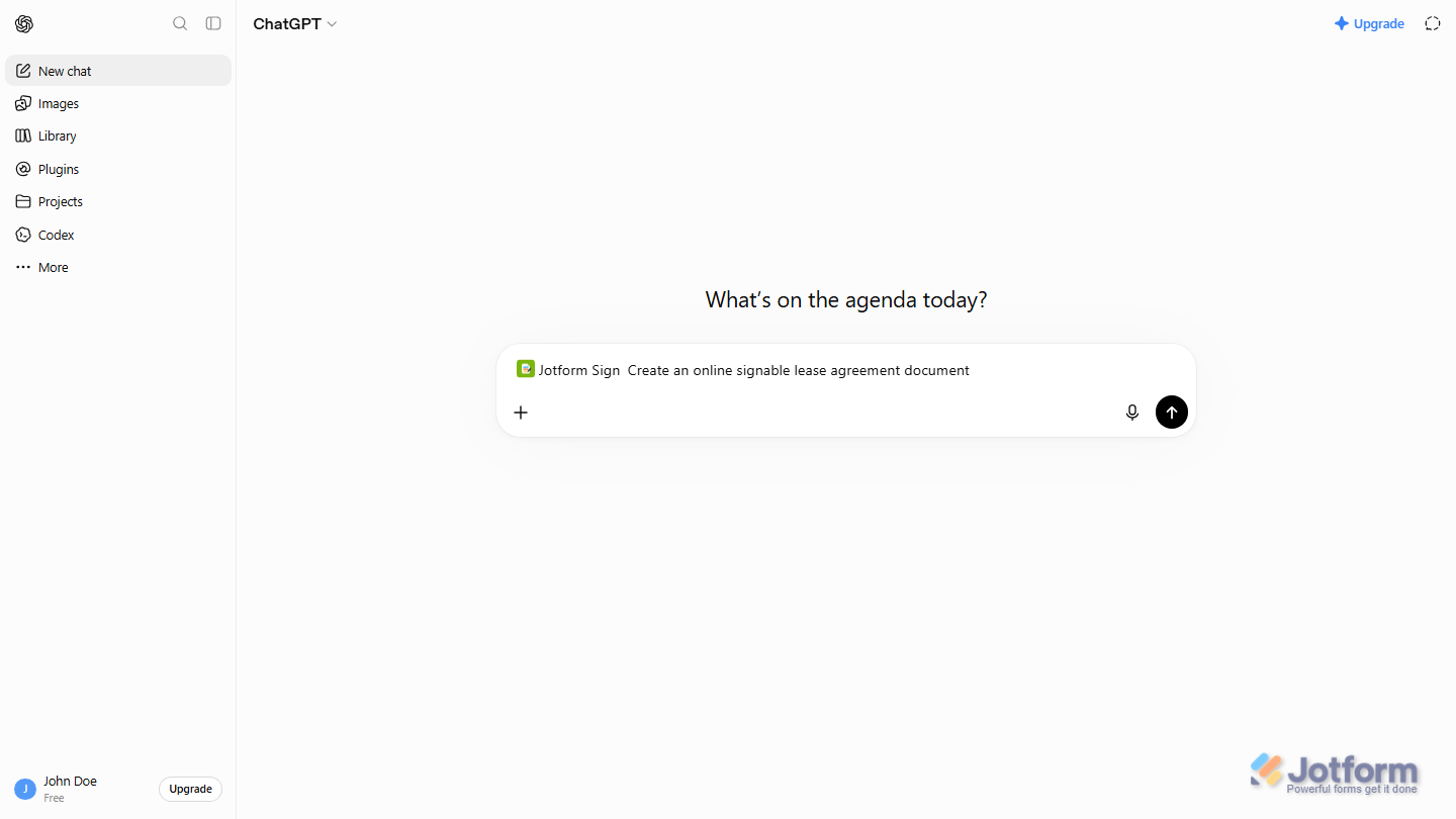 ChatGPT chat interface with the Jotform Sign plugin installed and ready to create sign documents directly from ChatGPT