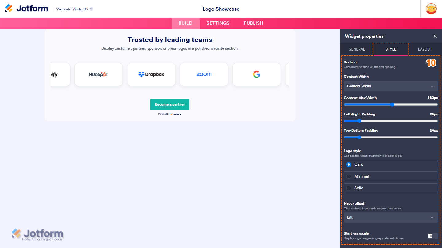 Style tab of the Logo Showcase Widget properties