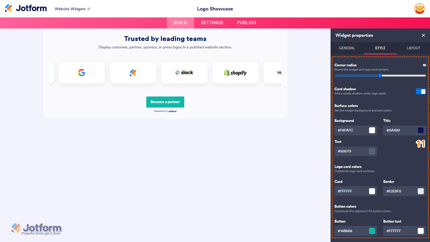 Style tab of the Logo Showcase Widget properties