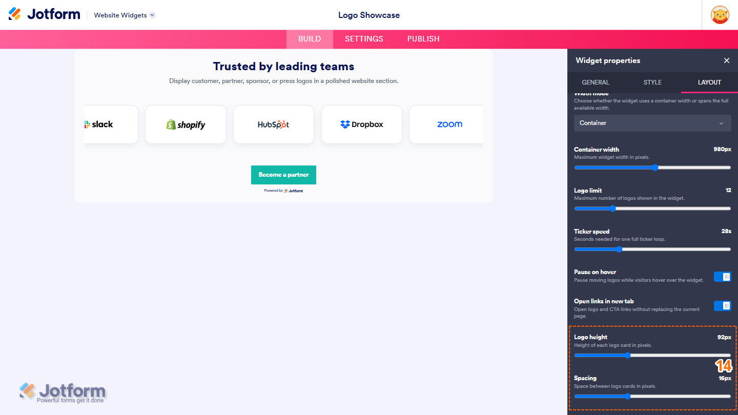 Layout tab of the Logo Showcase Widget properties