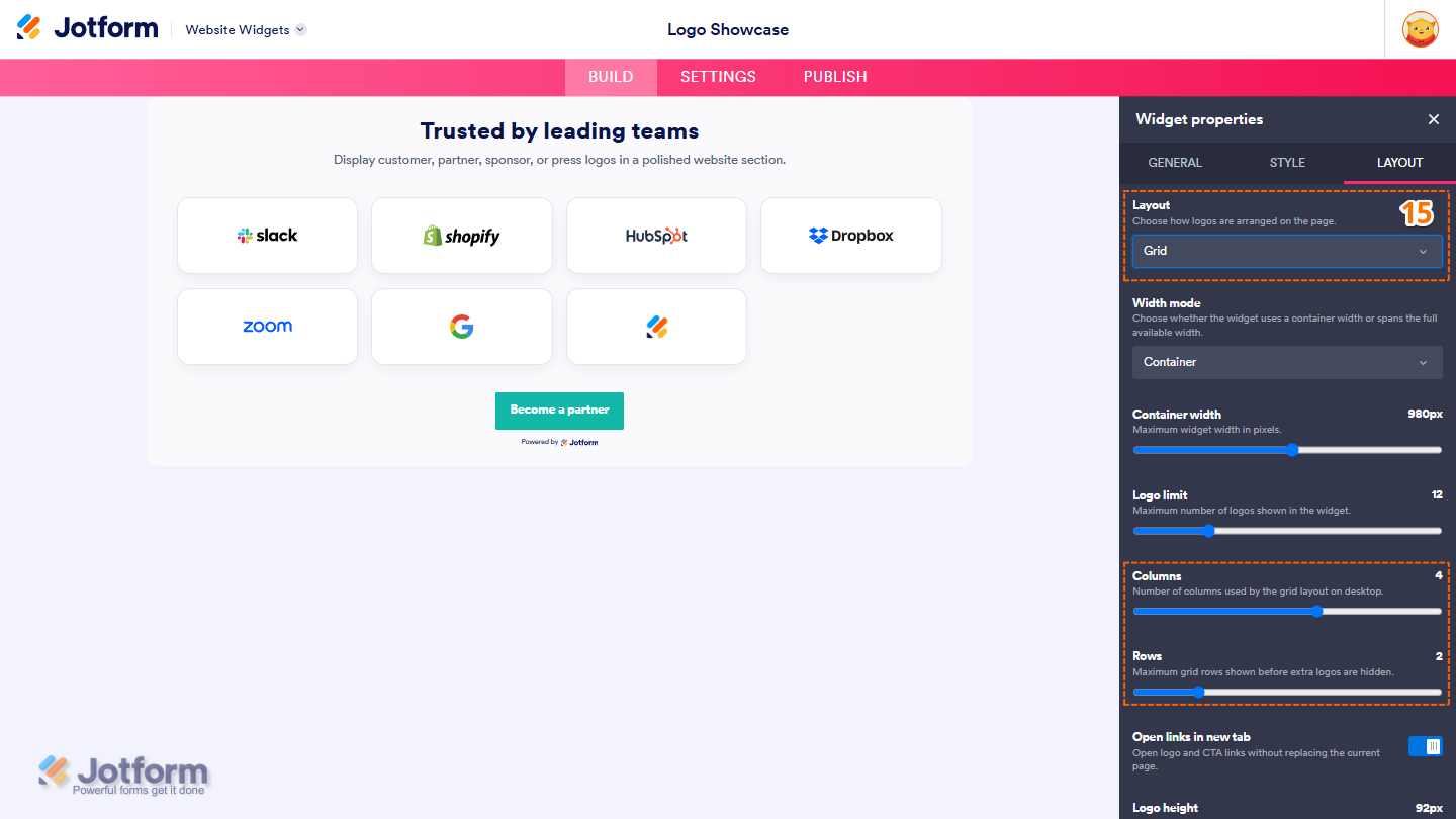 Layout tab of the Logo Showcase Widget properties
