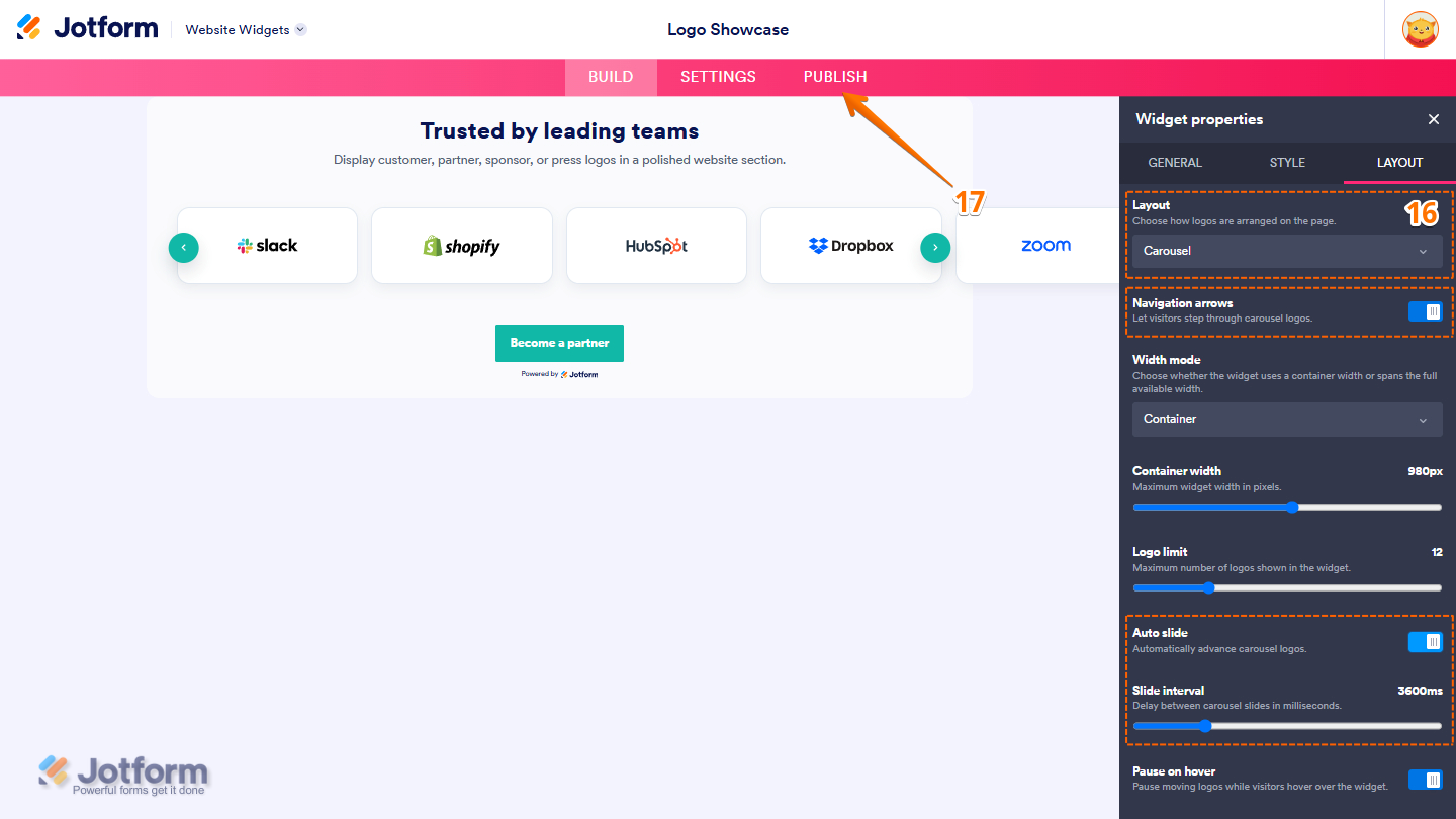 Layout tab of the Logo Showcase Widget properties