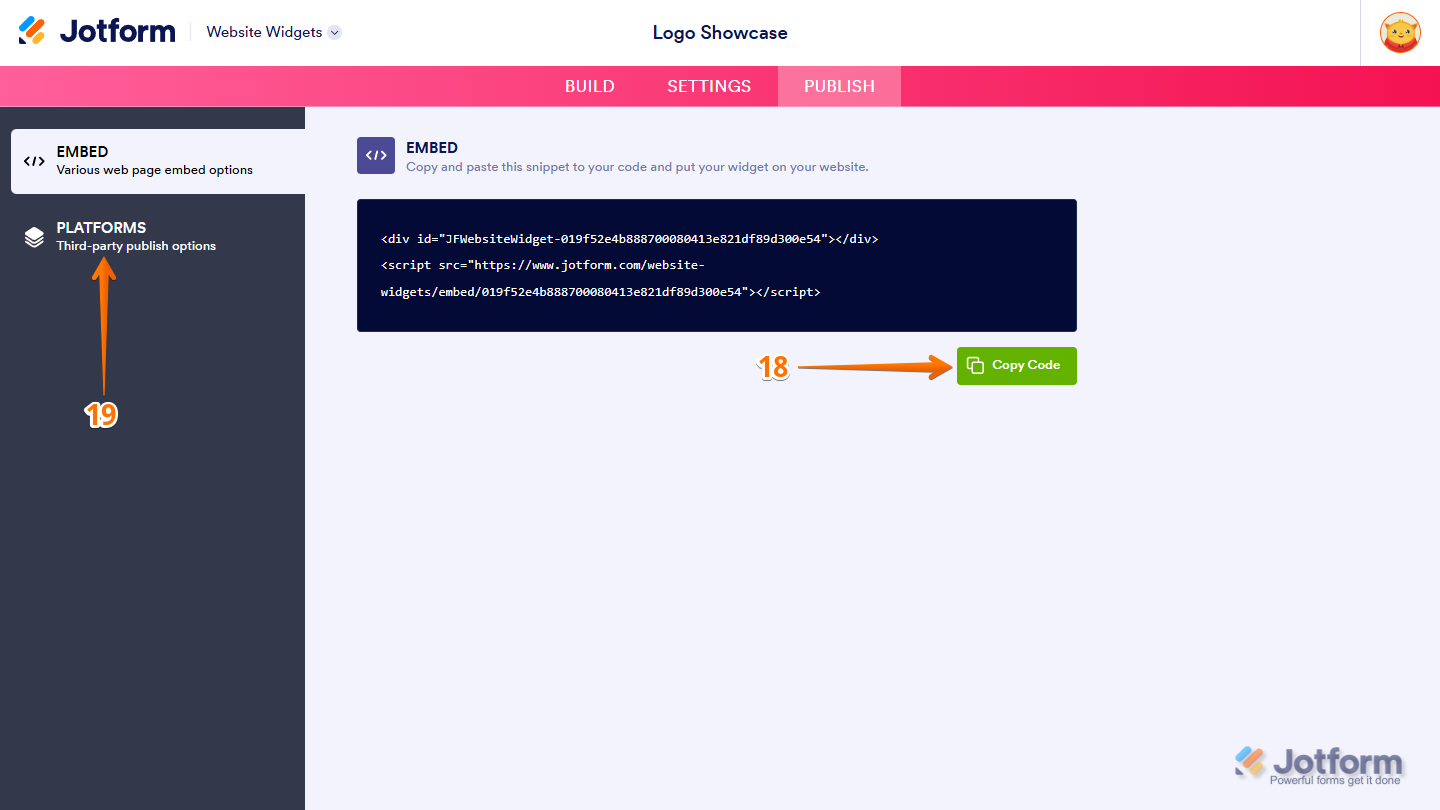 Copy Code button in the Publish tab of the Website Widget Builder