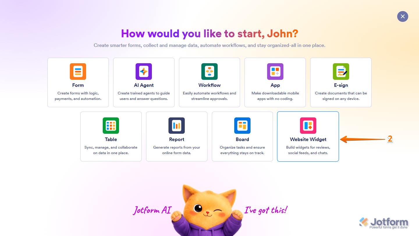 Website Widget option in Create Asset flow of Jotform