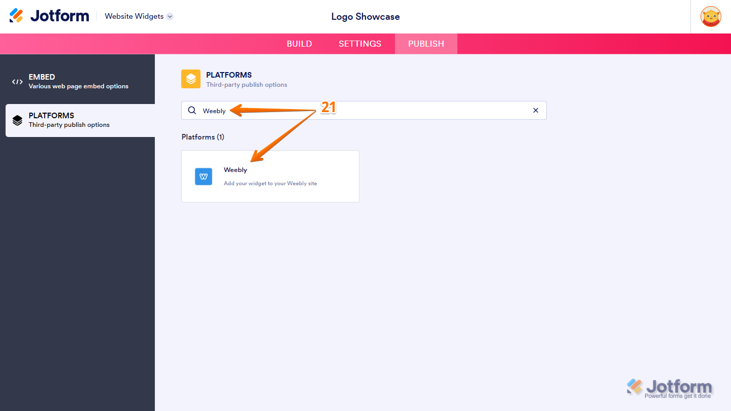 Weebly option in the Platforms section of the Website Widget Builder