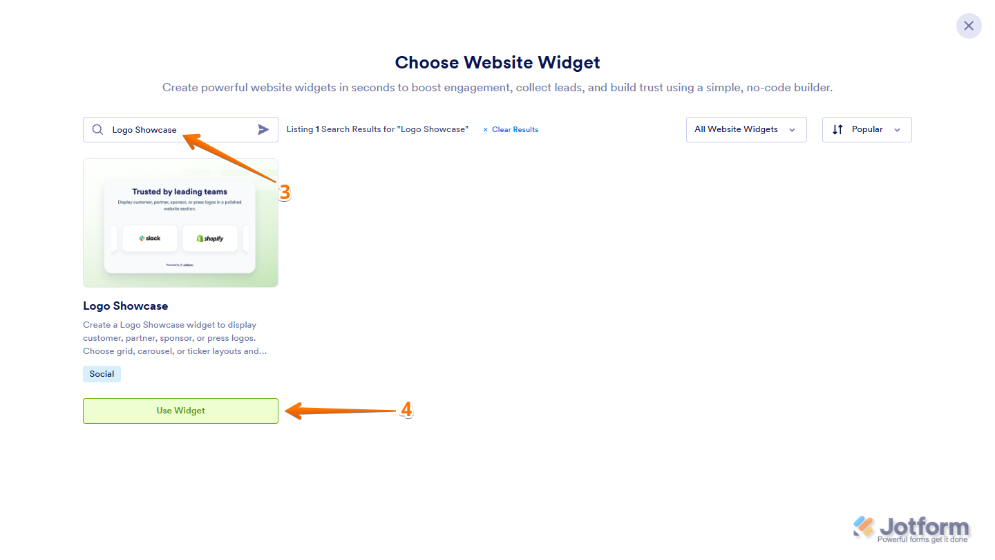 Logo Showcase widget in the Choose Website Widget page