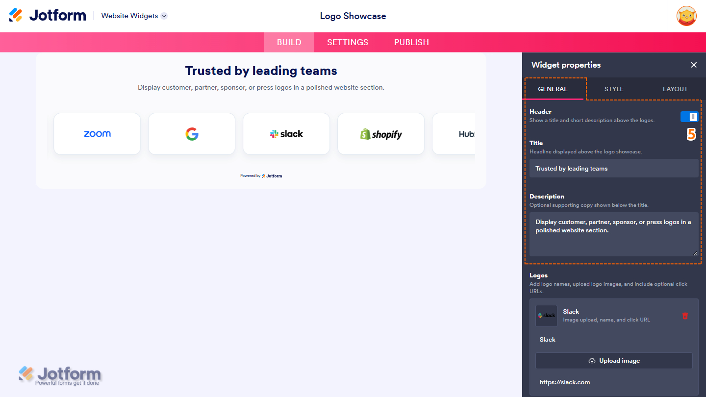 General tab of the Logo Showcase Widget properties