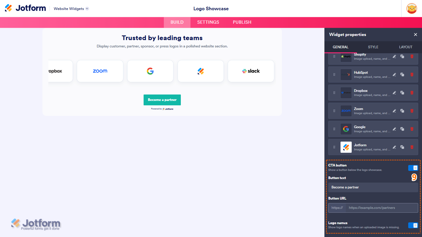 General tab of the Logo Showcase Widget properties