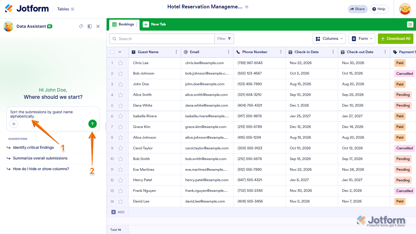 Jotform AI Data Assistant chatbox showing a prompt to sort table submissions alphabetically by guest name, with the Upward Arrow icon available to submit the request