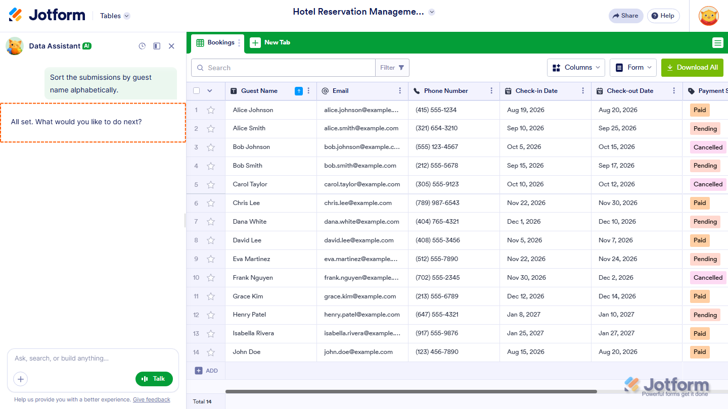 Jotform AI Data Assistant chatbox displaying the processed result of a submitted data-management request
