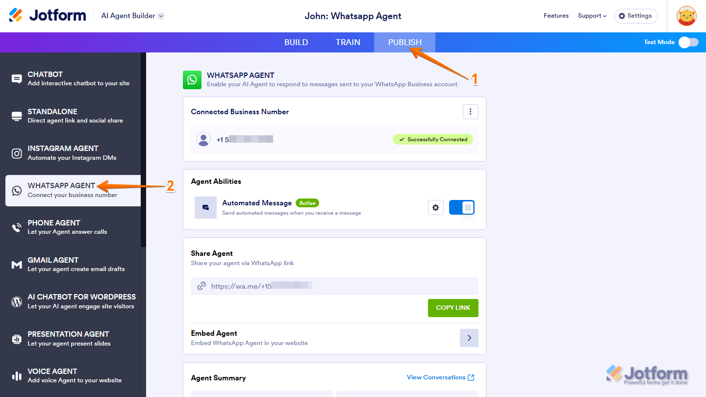 Jotform AI Agent Builder with the Publish button in the blue top navigation bar and the WhatsApp Agent option visible in the left-side menu