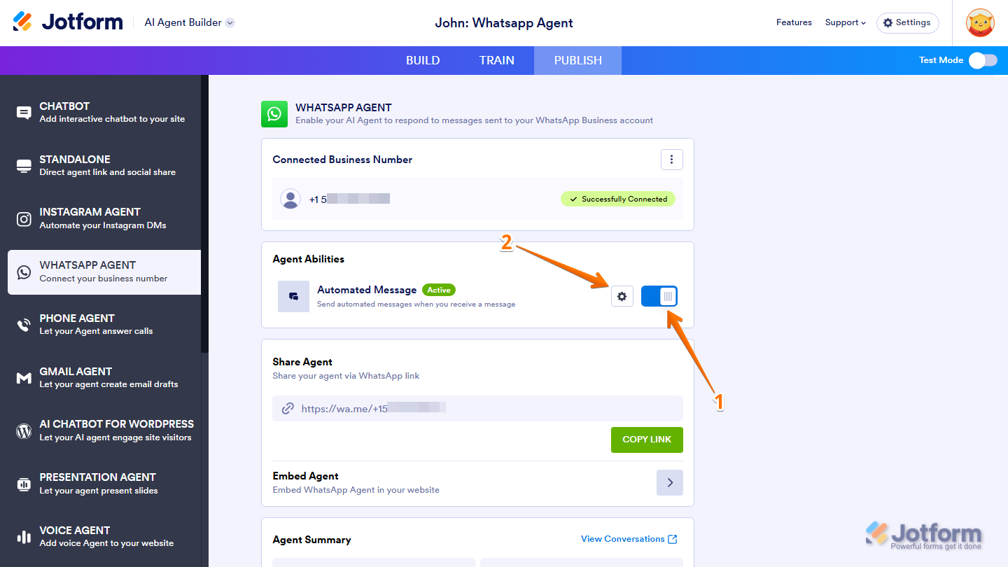 Jotform AI Agent Builder showing the Agent Abilities section with the Automated Message toggle and Gear icon for enabling, disabling, and configuring automated message settings