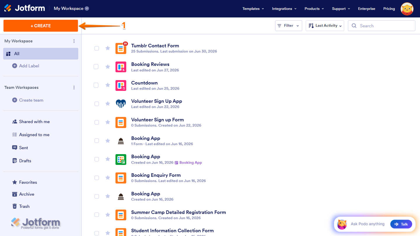 Create button in Jotform My Workspace page