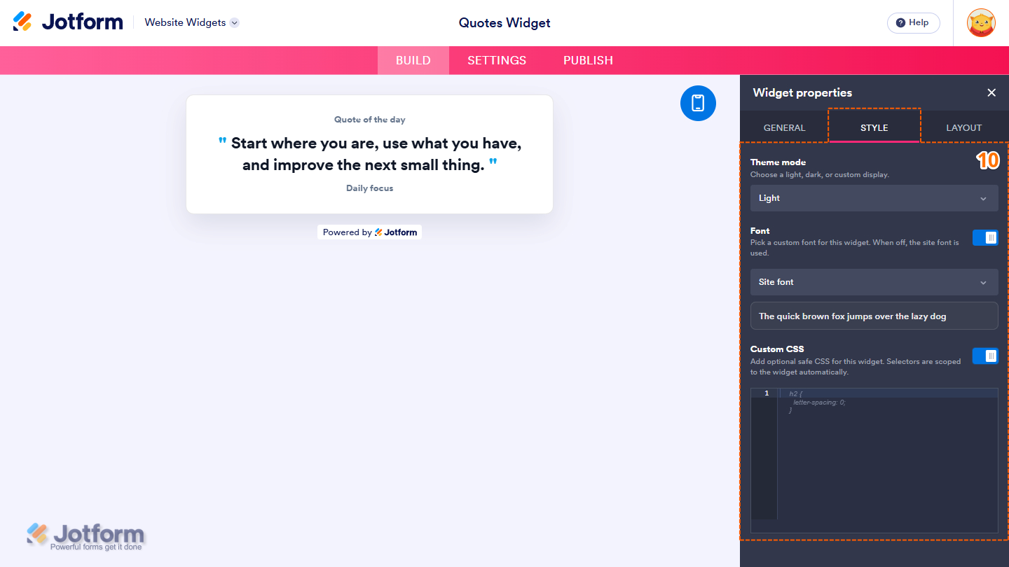 Style tab of the Quotes Widget properties menu