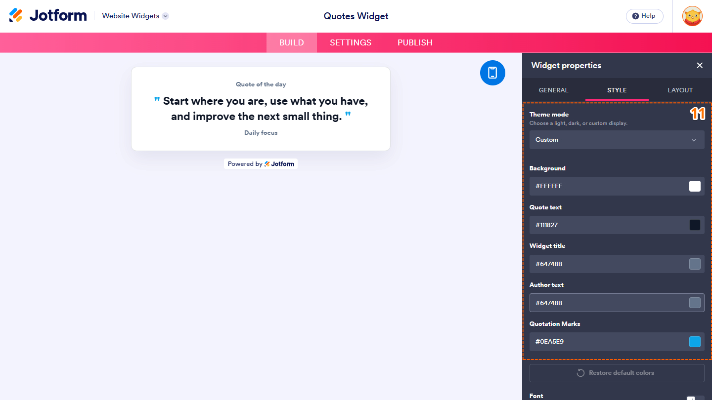 Style tab of the Quotes Widget properties menu