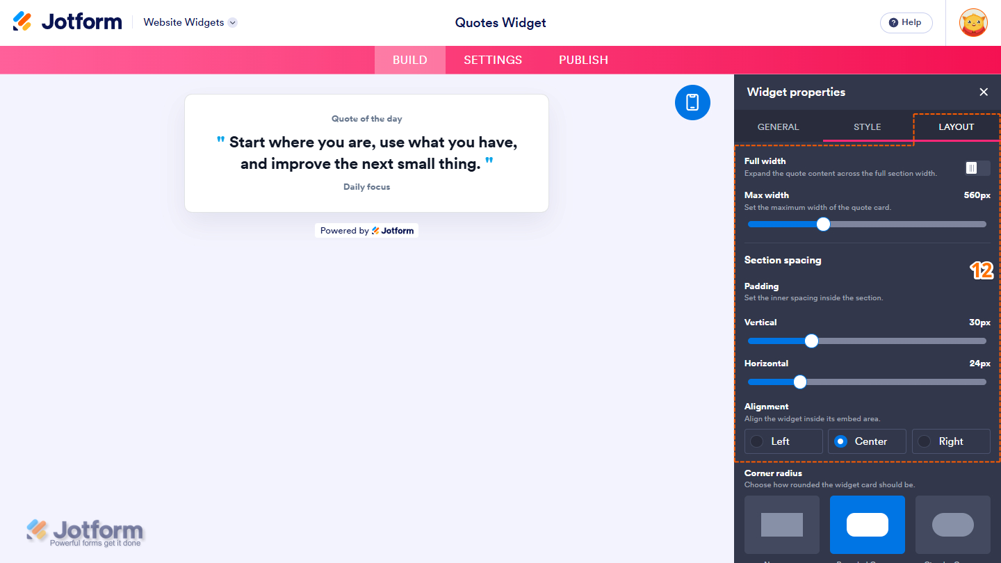 Layout tab of the Quotes Widget properties menu