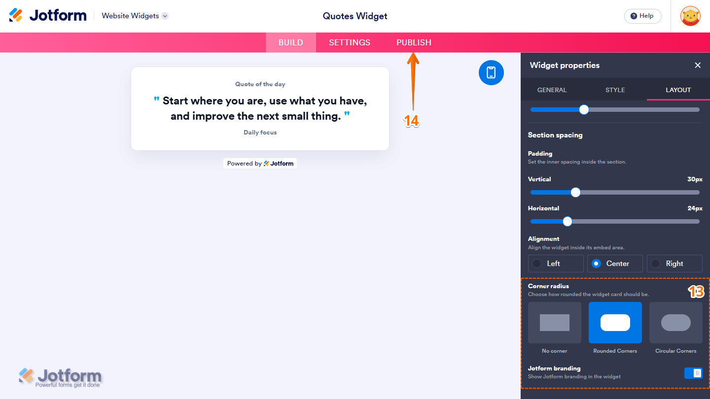 Layout tab of the Quotes Widget properties menu
