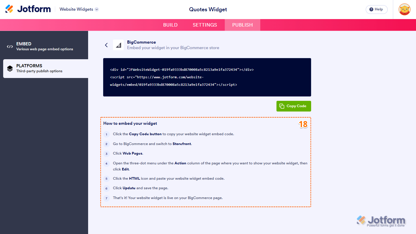 How to Embed Your Widget instructions in the Platforms section of  the Publish tab of the Jotform Website Widgets builder page