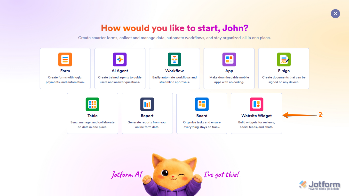 Website Widget option in Jotform's Create Asset flow