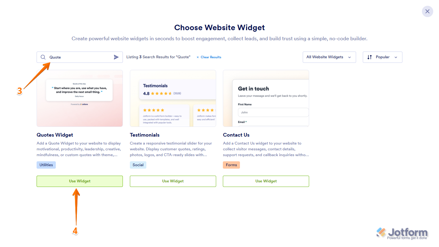 Quote widget option in Choose Website Widget window
