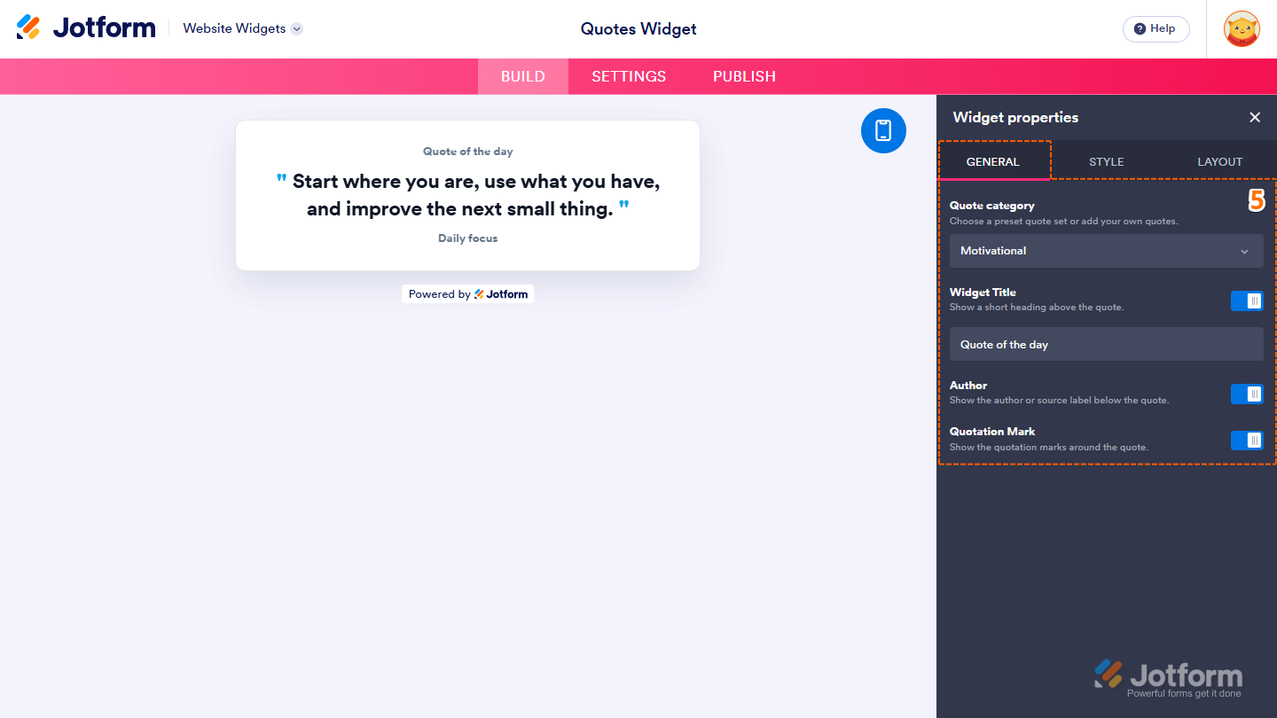General tab of the Quotes Widget properties menu