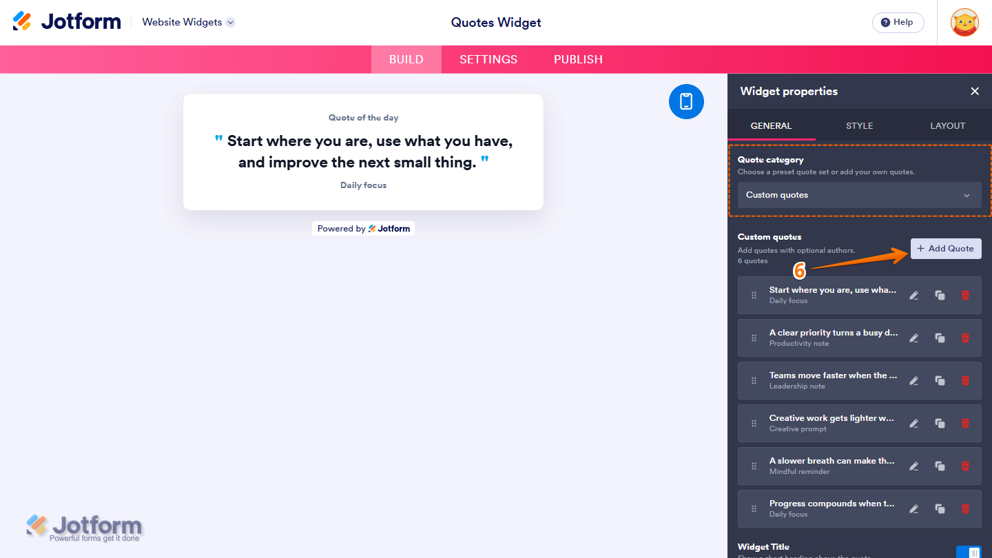 Add Quote button in the General tab of the Quotes Widget properties menu