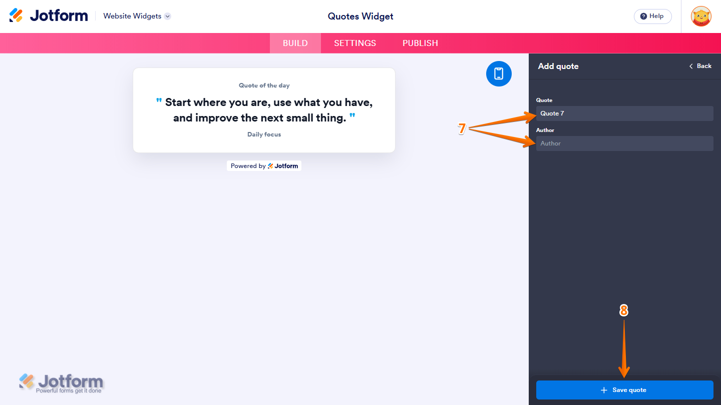 Add Quote menu in the General tab of the Quotes Widget properties