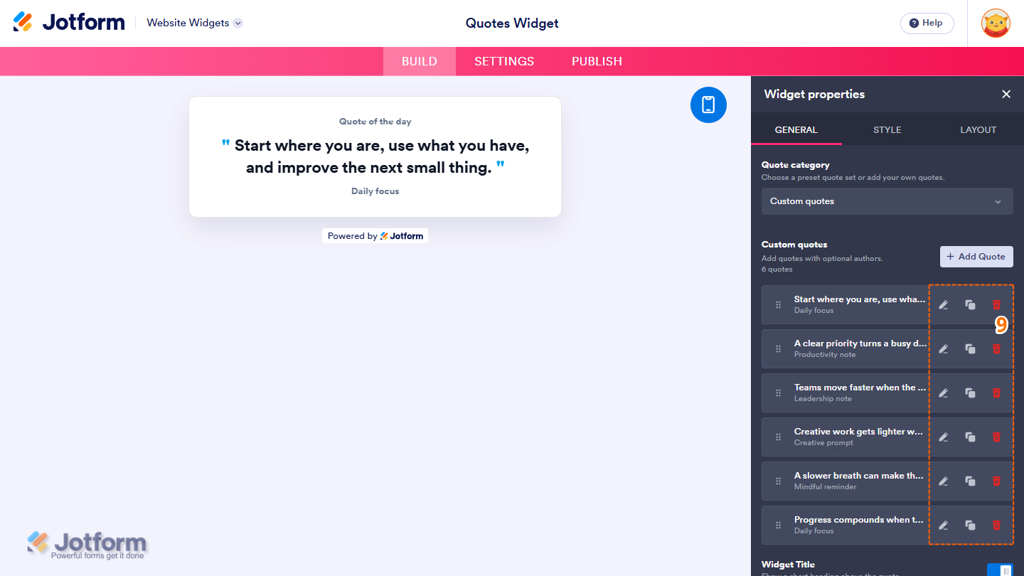 Manage quotes in the General tab of the Quotes Widget properties menu