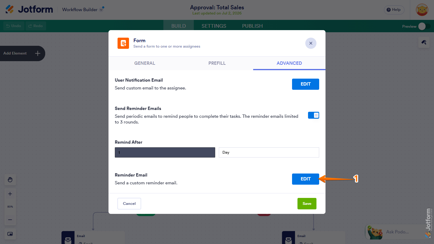 Edit button to customize the reminder email