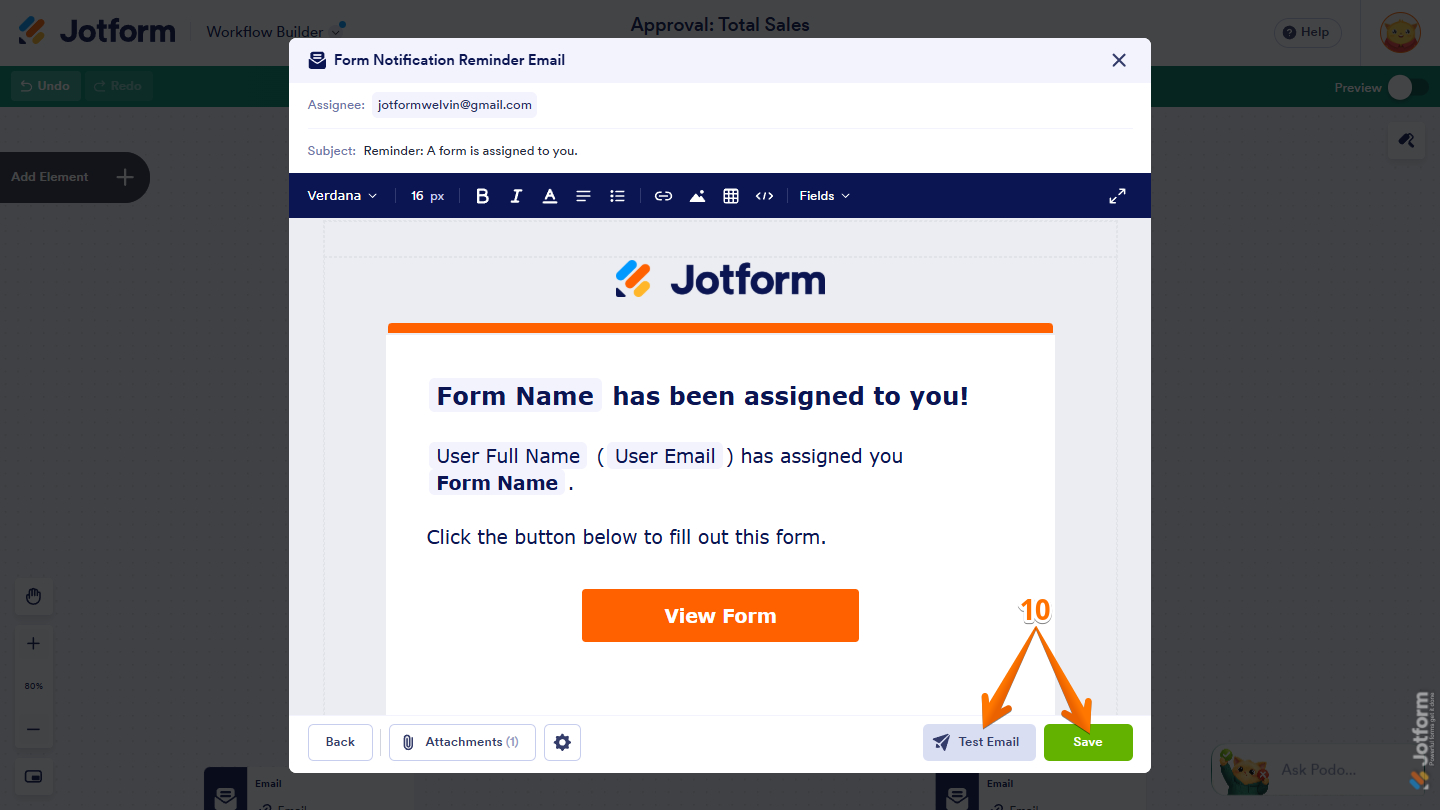 Test Email and Save buttons in the Form Notification Reminder Email template settings