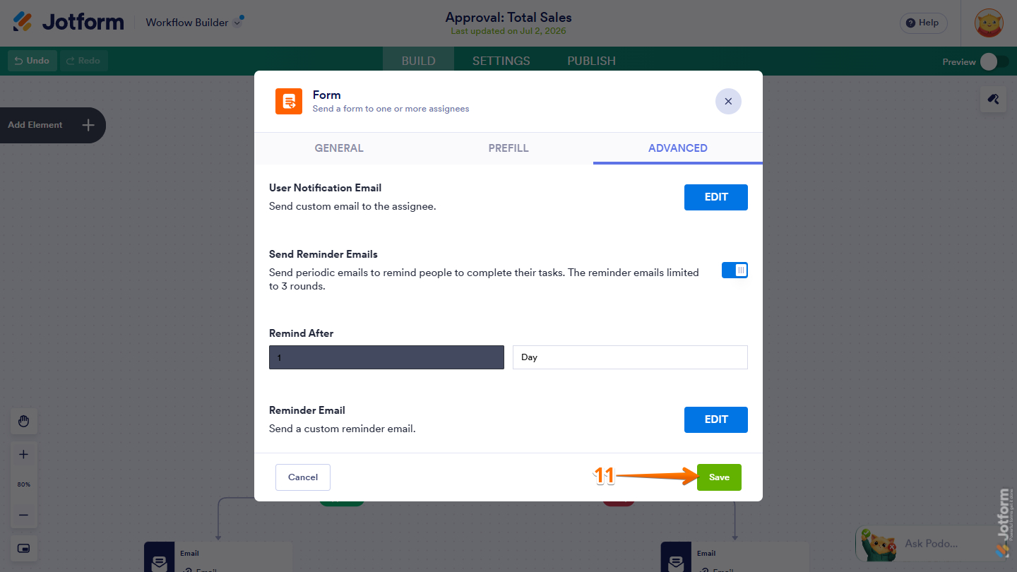 Save button in the Form element window