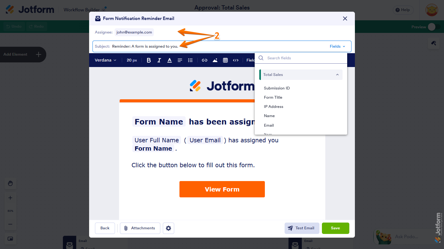 Form Notification Reminder Email template settings