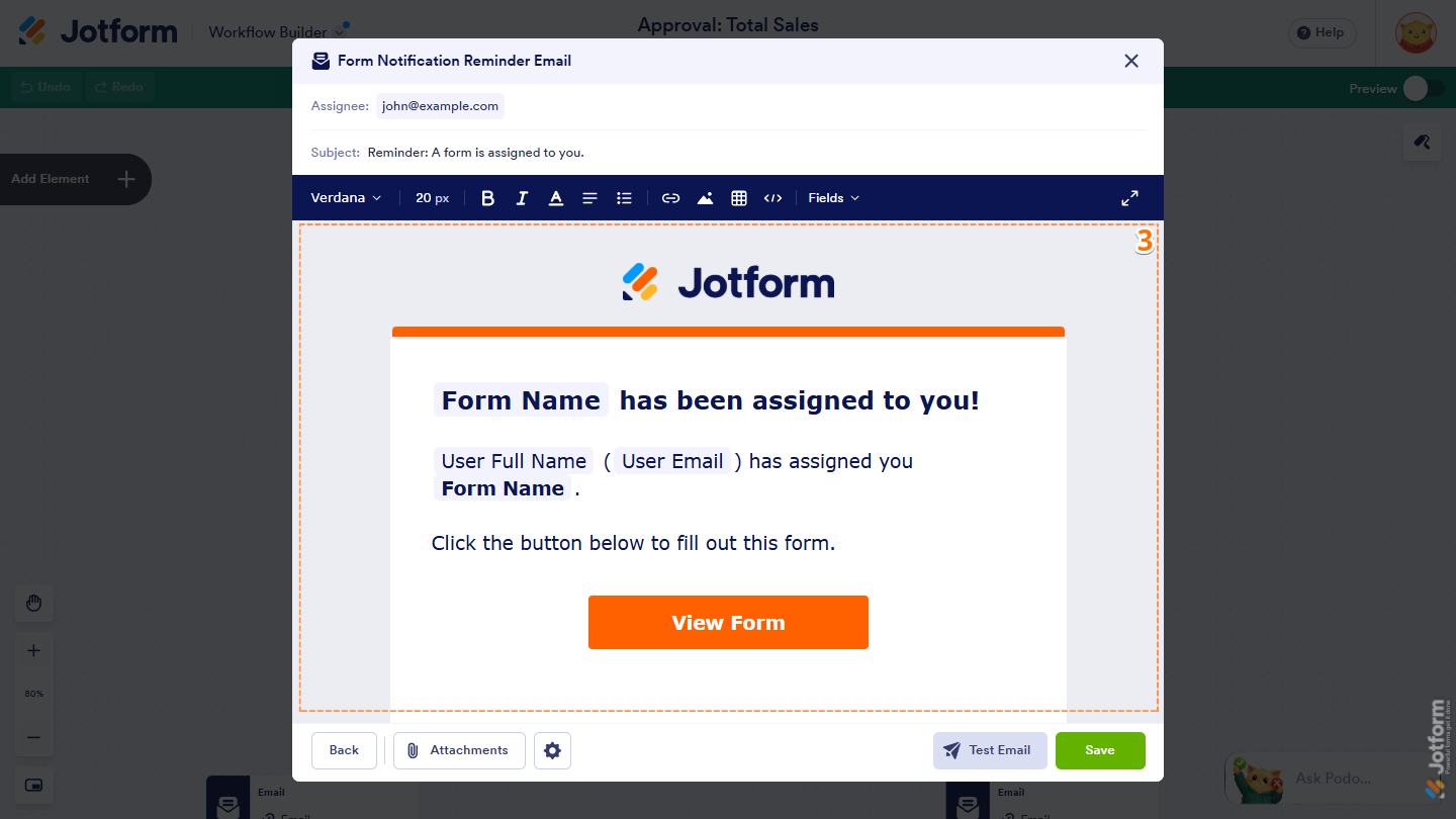Form Notification Reminder Email template settings