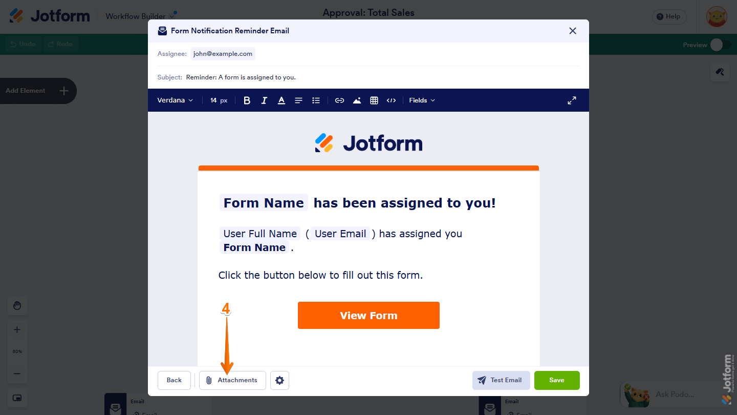 Attachments button in the Form Notification Reminder Email template settings