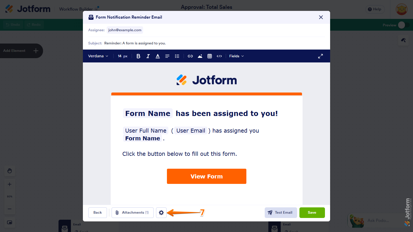 Settings icon in the Form Notification Reminder Email template