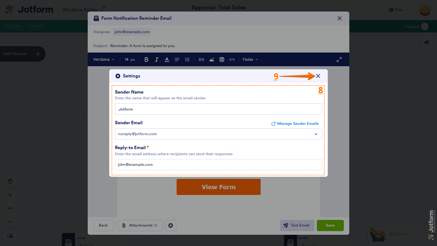 Sender Settings in the Form Notification Reminder Email template settings