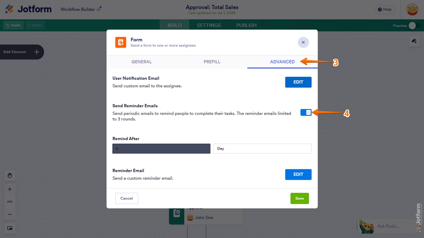 Send Reminder Emails toggle in the Advanced tab of the Form element properties