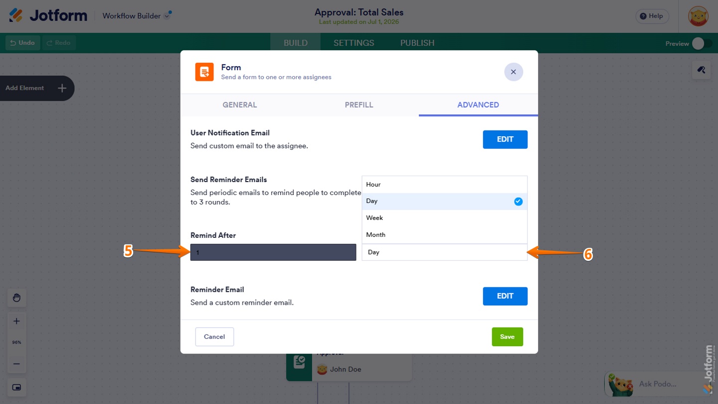 Remind After options in the Form element properties