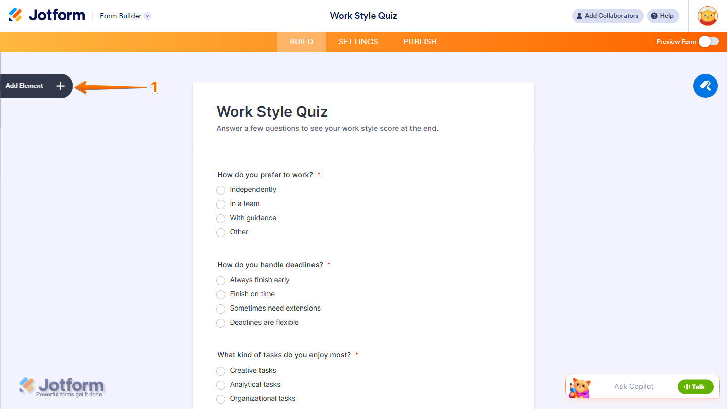 Jotform Form Builder with the Add Element button highlighted on the left side of the page for adding a new form element