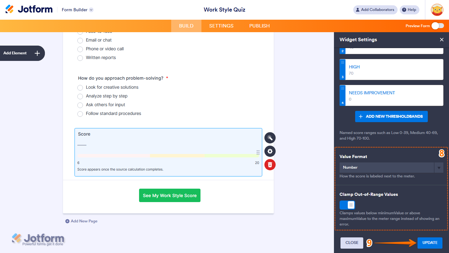 Jotform Calculated Score Meter widget settings showing Value Format and Clamp Out-of-Range Values options, with the Update button at the bottom to save the widget configuration