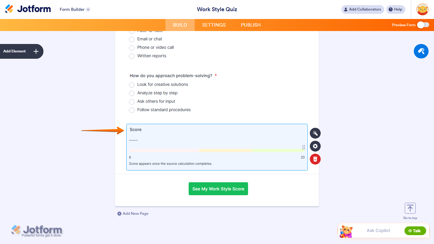 Jotform Form Builder showing the successfully added and configured Calculated Score Meter widget, displaying a calculated score based on the selected source value and configured threshold bands