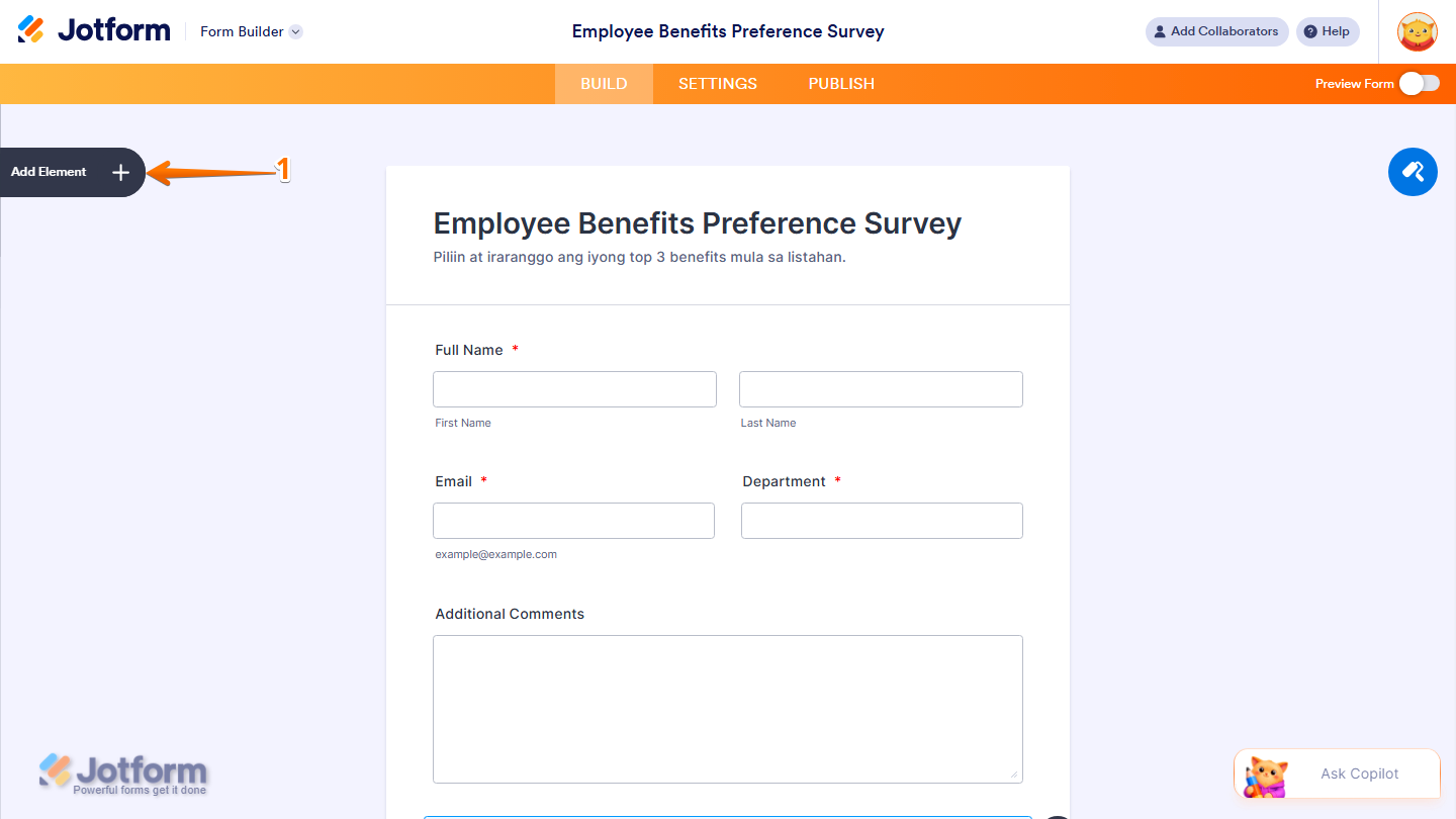 Jotform Form Builder with the Add Element button highlighted on the left side of the page for adding a new form element