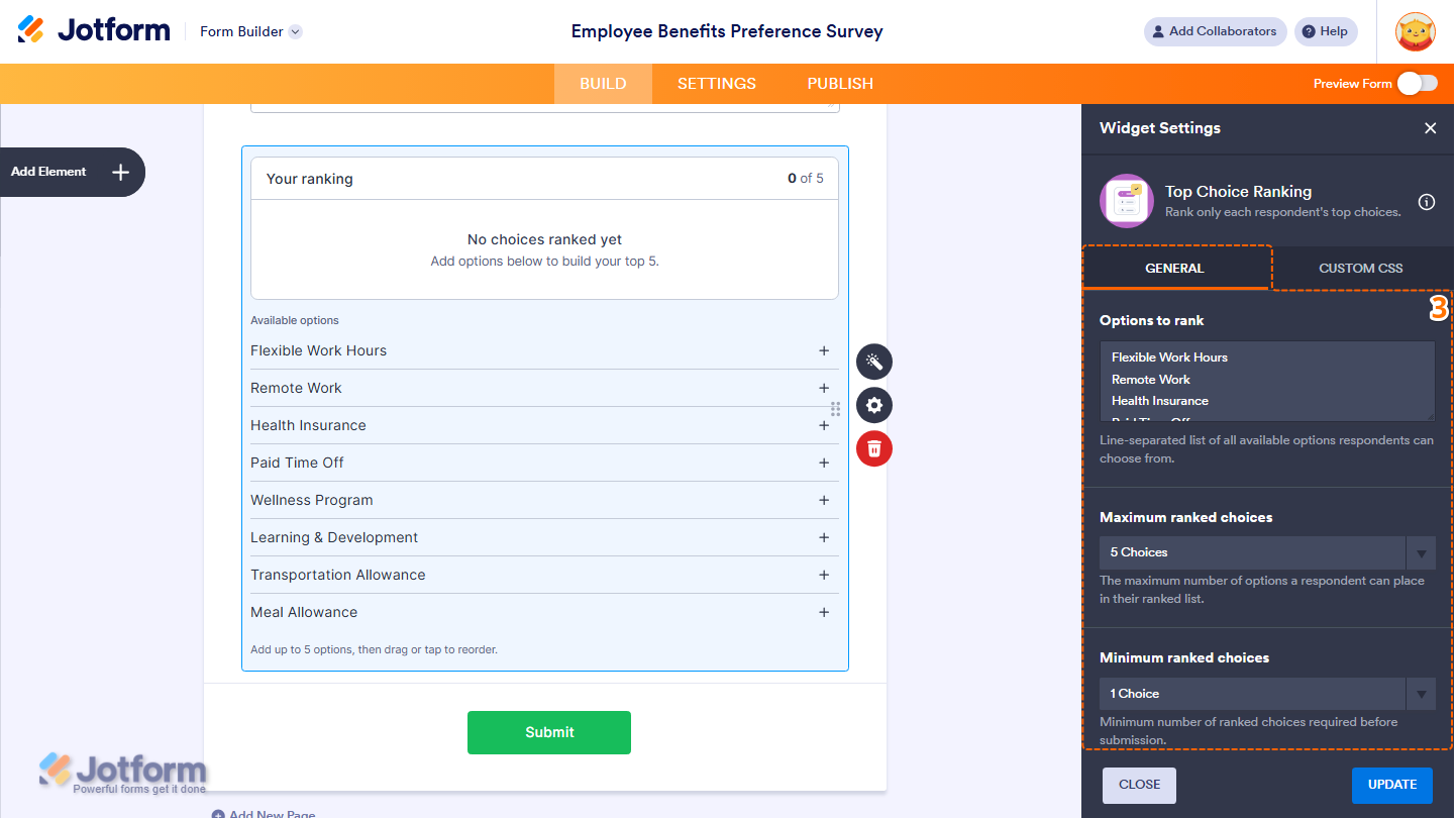 Jotform Form Elements menu under the Widgets tab displaying the Top Ranking Choice widget in the search results, ready to be selected or dragged and dropped onto the form