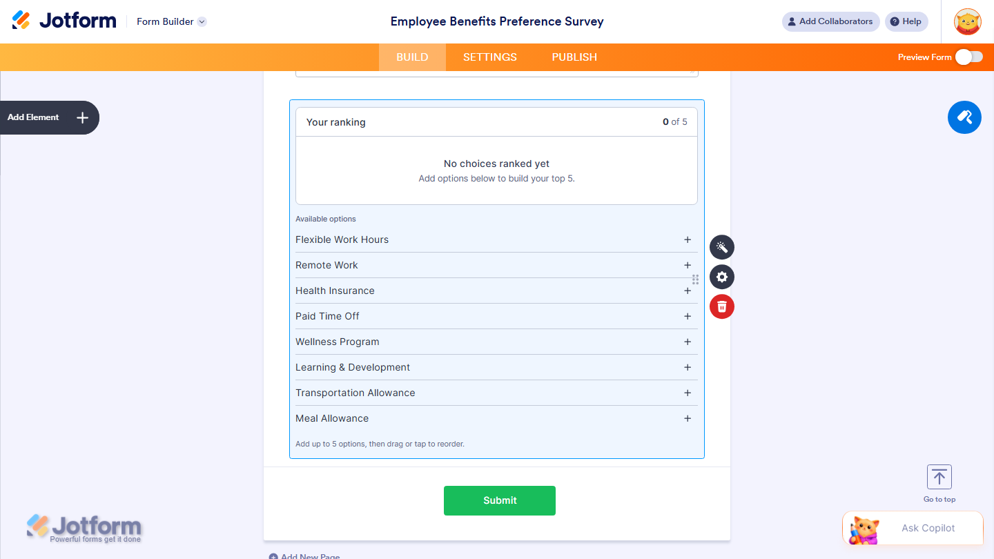 Jotform Form Builder showing the successfully added and configured Top Ranking Choice widget, allowing respondents to rank available options according to their preferences