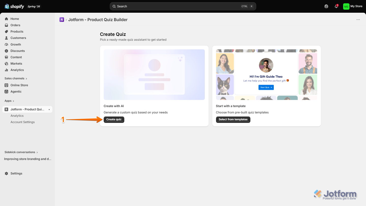 Shopify Jotform Product Quiz Builder page with the Create with AI section visible and the Create quiz button available to start building a product quiz