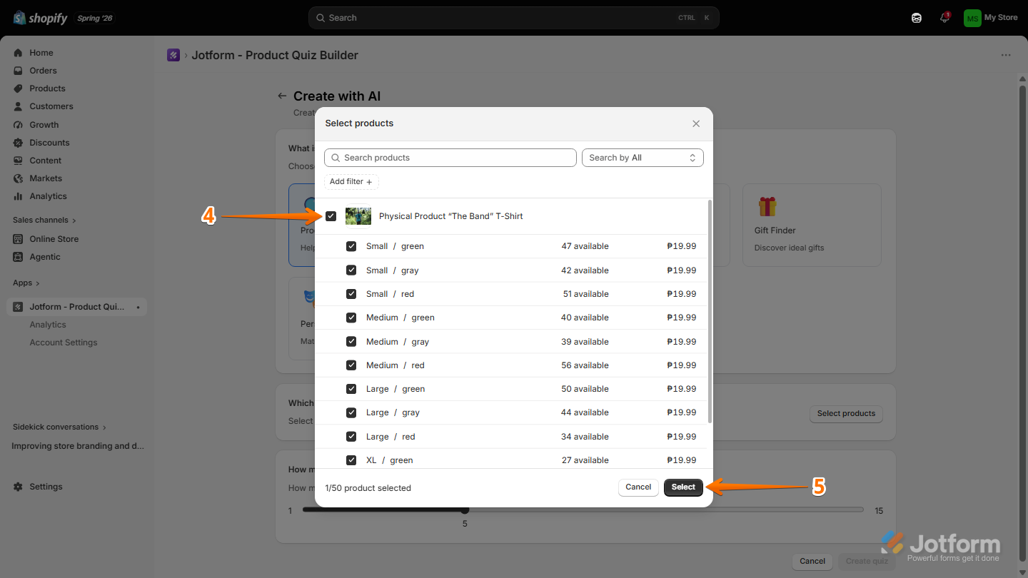 Jotform Product Quiz Builder displaying the Select Products window with checkboxes beside available products for choosing quiz recommendations and a Select button at the bottom