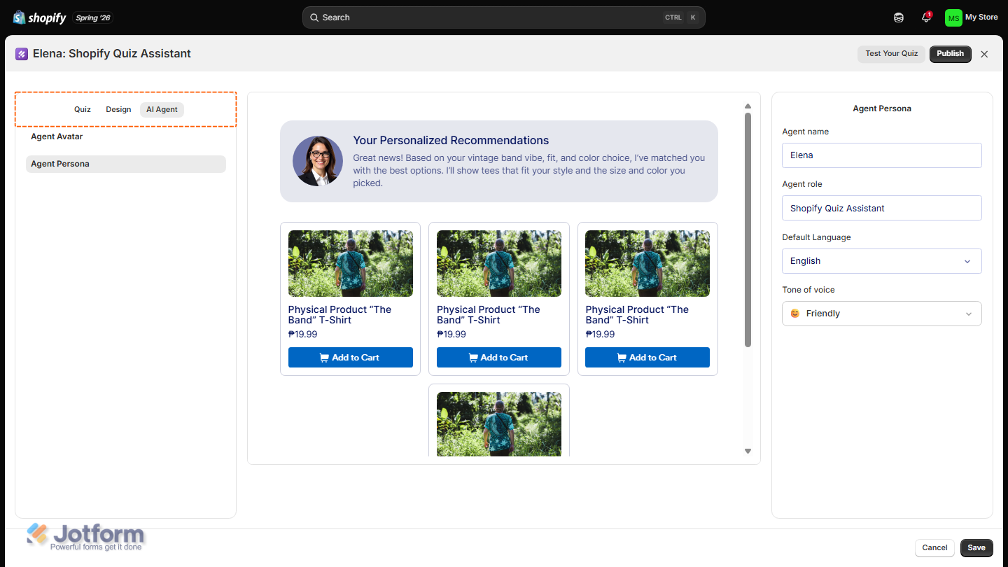 Jotform Quiz Builder displaying the Quiz, Design, and AI Agent tabs for customizing the quiz’s cover and results pages, questions, visual styling, and AI Shop Assistant